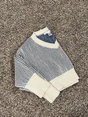 ALTAR’D STATE Striped Blue + Cream V-Neck Knit Boxy Cropped Sweater